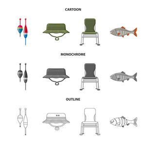 鱼和渔标志的向量例证。收集鱼和设备股票符号的网站