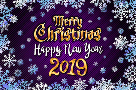 矢量金圣诞快乐和新年快乐2019紫罗兰背景。 金色雪花艺术