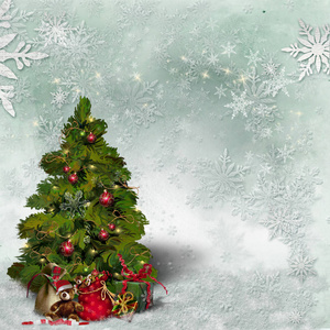 圣诞贺卡，上面装饰着绿色圣诞树和雪花