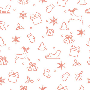 新年快乐2019和圣诞节无缝图案。 冬季插图与手套雪橇礼物雪花鹿钟圣诞袜子槲寄生圣诞树。
