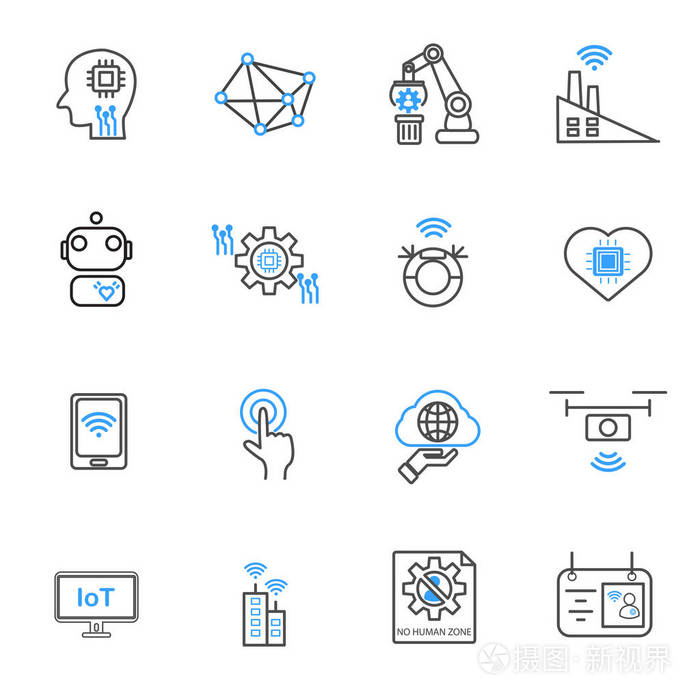 物联网和自动化机器人图标. 技术和未来主义概念. 插图向量集合.
