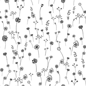 无缝花卉图案。 手绘轮廓笔画。 艺术和抽象概念。 花卉和自然主题。 细线素描。 矢量图。 孤立的白色背景