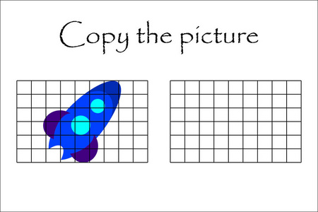 复制图片火箭的卡通风格绘图技能培训教育纸游戏，发展儿童，学龄前活动，可打印的工作表矢量