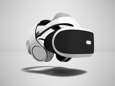白色虚拟现实眼镜与白色耳机3D渲染灰色背景与阴影。