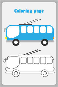 无轨电车在卡通风格着色页教育纸游戏中的发展儿童学前活动可打印工作表矢量