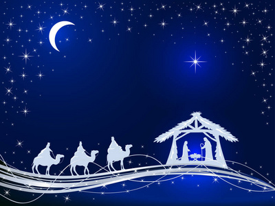 基督教圣诞主题。 耶稣的诞生，闪耀的星星和三个智者的蓝色背景插图。