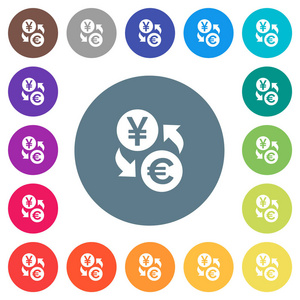 日元欧元货币兑换圆形颜色背景上的平面白色图标。 包括17种背景颜色变化。