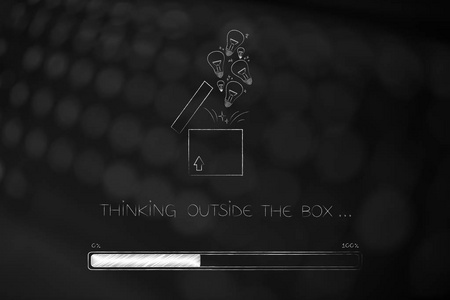 在盒子外思考概念说明打开包裹，灯泡飞出，进度条装载
