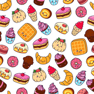 一套矢量卡通涂鸦图标甜点蛋糕冰淇淋糖果食品。 漫画烘焙的插图。