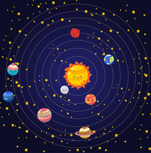一套矢量涂鸦卡通图标太阳系行星. 漫画彩色有趣的人物.照片