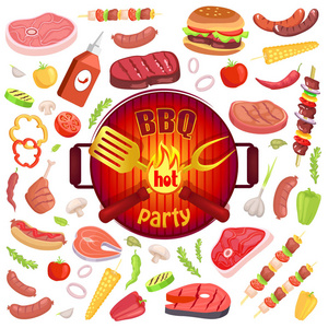 bbq 党图标肉蔬菜向量例证