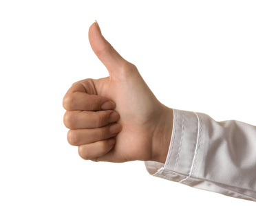 s hand shows thumb up on white isolated background. hand gesture