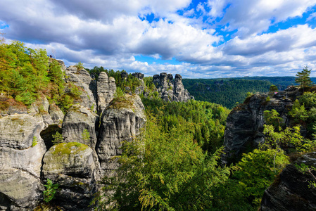 在德累斯顿和拉滕德国附近的撒克逊瑞士国家公园的巴斯蒂美丽的岩层全景。萨克森的热门旅游目的地。