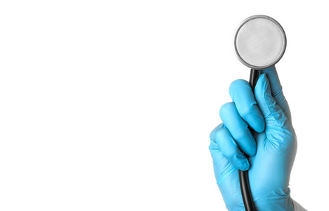 s hand is holding a stethoscope on white isolated background. ha
