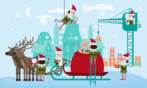 圣诞快乐, 新年快乐。精灵们的助手们在圣诞老人的袋子里收集礼物, 雪橇上有神话般的鹿, 背景是圣诞老人的宫殿。着陆页的着陆模板