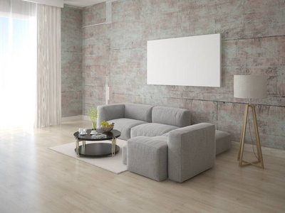 模拟原来的客厅与角落灰色沙发和时髦的背景。