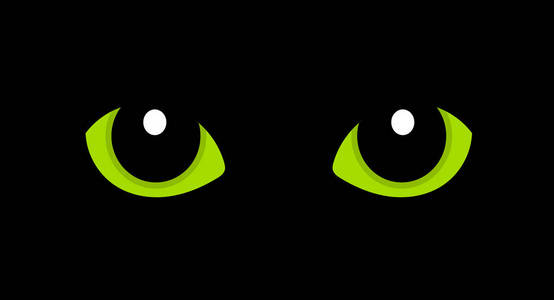 万圣节扁平绿色的猫眼在黑暗中. 万圣节插图照片