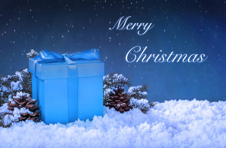 蓝色节日礼品盒，里面有松果，雪上有常青的树枝，冬天的夜空中有星星