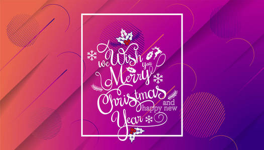 祝你圣诞快乐, 新年快乐, 我们祝愿你在渐变背景上刻字标志, 设计模板与白线框架
