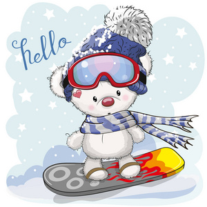 可爱的卡通熊在滑雪板上