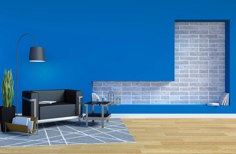 现代当代客厅内部有蓝色墙壁和复制空间在墙上模拟3D渲染