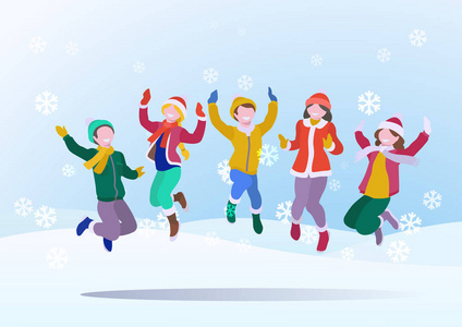 快乐的孩子们在雪地上跳跃,冬天的雪背景和飘落的雪花. 矢量插图照片