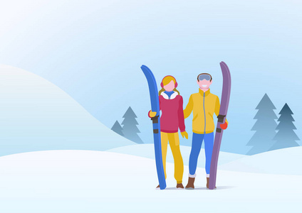 一对男女站在雪堆上滑雪，冬天的雪背景和圣诞树。 矢量插图