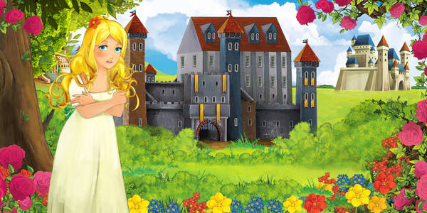 卡通自然场景，森林附近有美丽的城堡，为孩子们提供美丽的年轻女孩插图。