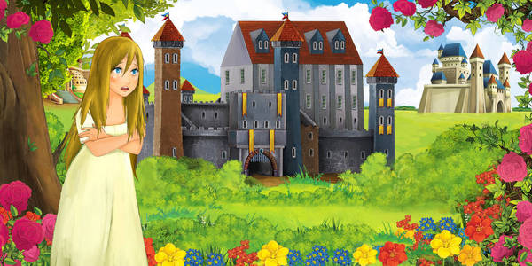 卡通自然场景，森林附近有美丽的城堡，为孩子们提供美丽的年轻女孩插图。