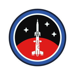 圆形条纹轮廓矢量标志的航天火星程序多级火箭。银河调查标志。卡通式火箭航天员徽章装备。航天器技术例证