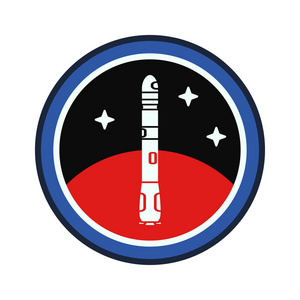 圆形条纹轮廓矢量标志的航天火星程序多级火箭。银河调查标志。卡通式火箭航天员徽章装备。航天器技术例证
