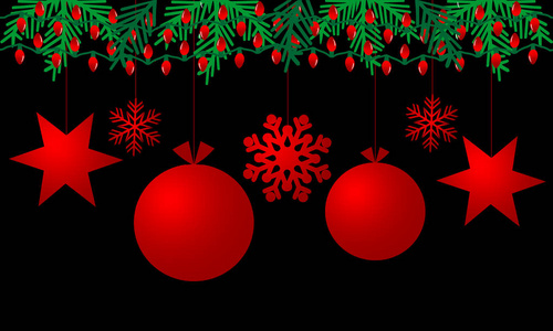 黑色背景与红色克里斯塔姆斯装饰。 树枝圣诞树上有红色的节日灯。 圣诞快乐，新年快乐。