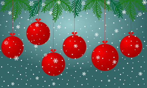 圣诞背景红色球，雪花和树枝圣诞树在蓝色背景。 圣诞快乐，新年快乐。