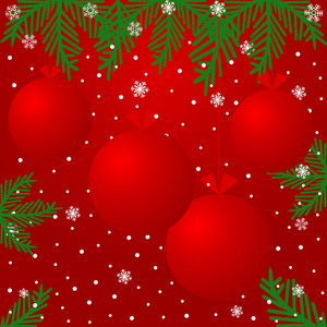 圣诞背景红色球，雪花和树枝圣诞树在红色背景。 圣诞快乐，新年快乐。