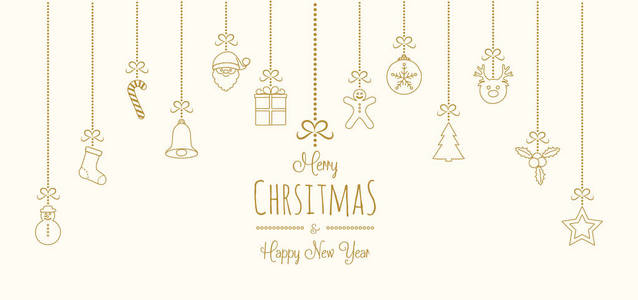 圣诞快乐，新年快乐，带挂饰的贺卡。 矢量。