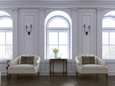 豪华的两张扶手椅在经典的客厅和桌子。 3D渲染