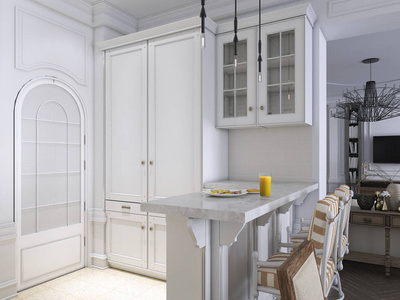 豪华厨房经典斯堪的纳维亚风格白色木制面板与大理石桌面。 3D渲染