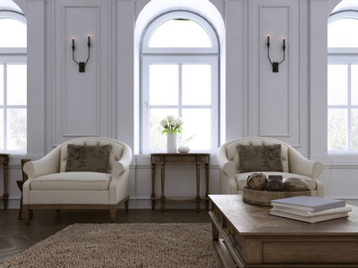 豪华的两张扶手椅在经典的客厅和桌子。 3D渲染
