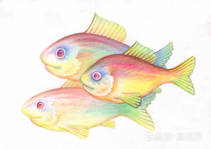 儿童插图. 带彩色铅笔的动物形象. 鱼浅滩一起在海里游泳.