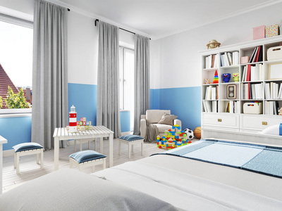 s room decor with white furniture, floor and colorful additions 