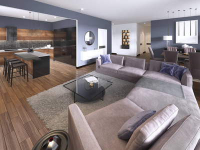 豪华的现代工作室公寓，宽敞的休息室，五颜六色的家具和装饰下面的高明亮的窗户，电视存储和康索尔。3D渲染