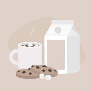 一杯热巧克力和棉花糖和巧克力饼干仍然是生活套餐。 早晨甜点平面可编辑矢量插图剪辑艺术