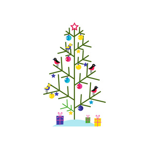 新年的象征, 一个美丽的, 五颜六色的, 绿色圣诞树装饰着可爱的圣诞装饰, 不同的形状和颜色