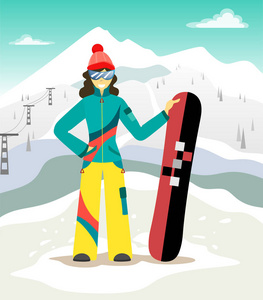 滑雪坡上有滑雪板的女孩。 平面风格的插图。