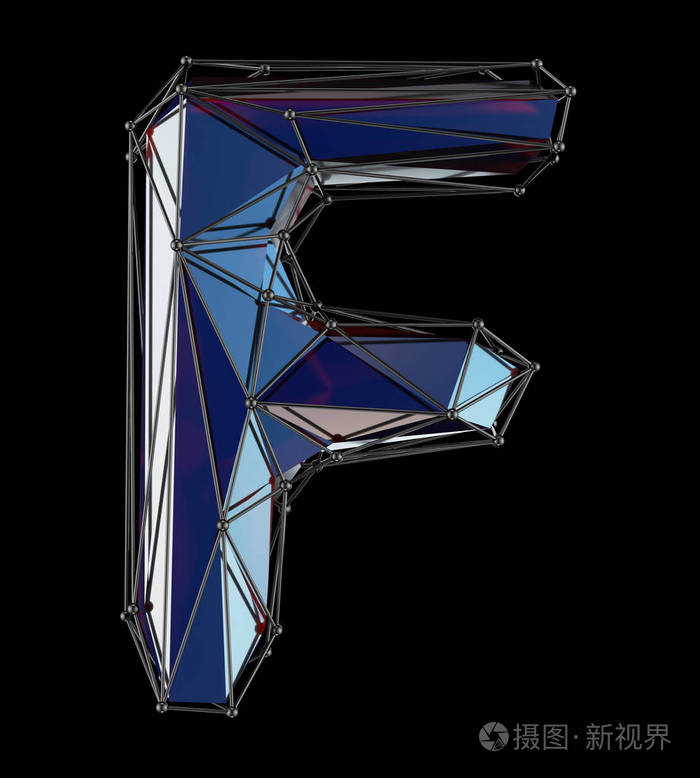 大写拉丁文字母 f 在低多边形样式蓝色查出的黑色背景