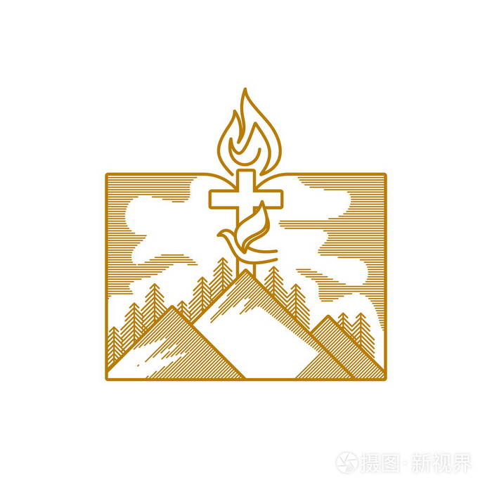 山的耶稣基督的十字架,鸽子和火焰的背景,一个开放的圣经.