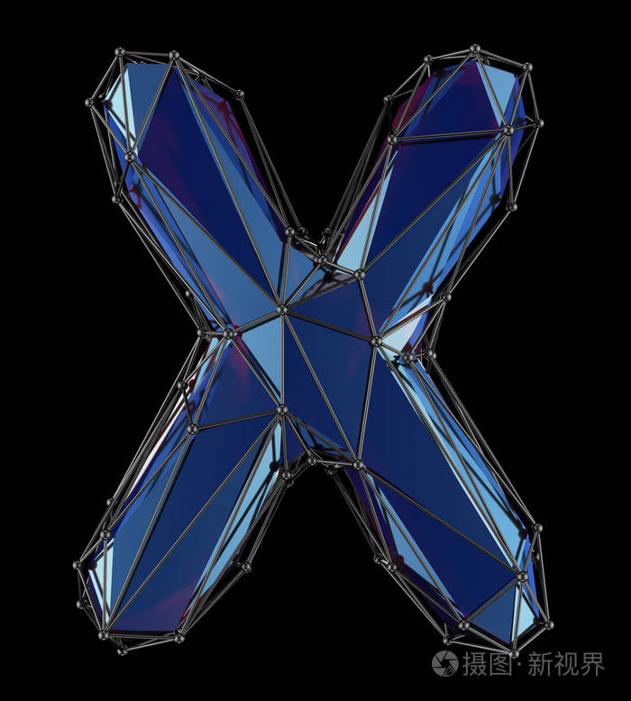 大写拉丁文字母 x 在低保利样式蓝色被隔绝在黑色背景上