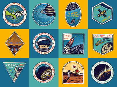 行星和卫星徽章标志贴纸.雕刻手工画复古素描照片