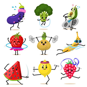 运动水果的特点。一套可爱的健康蔬菜和有趣的脸浆果。快乐食品草莓茄子香蕉西瓜花椰菜鳄梨萝卜。素食维生素饮食和健身理念