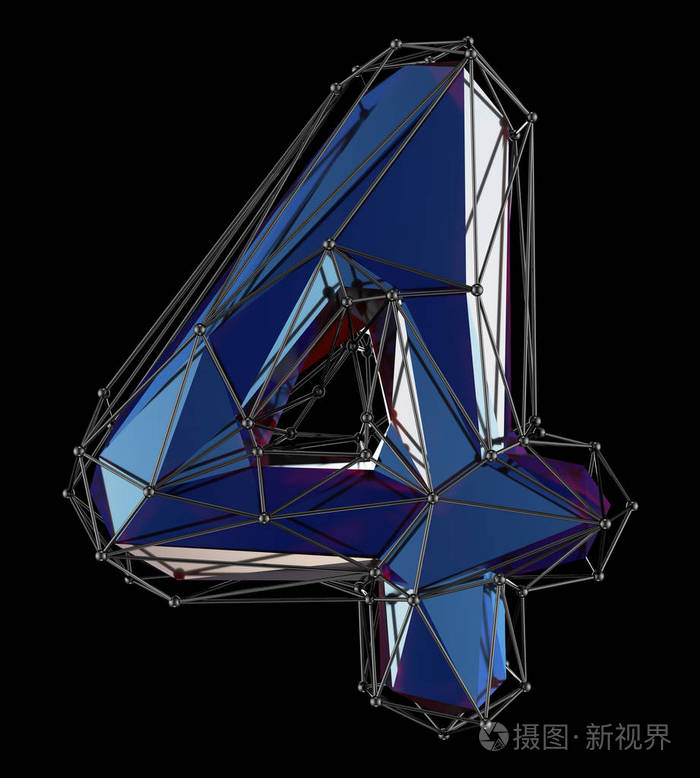 数字4四在低保利样式蓝色被隔绝在黑色背景.三维